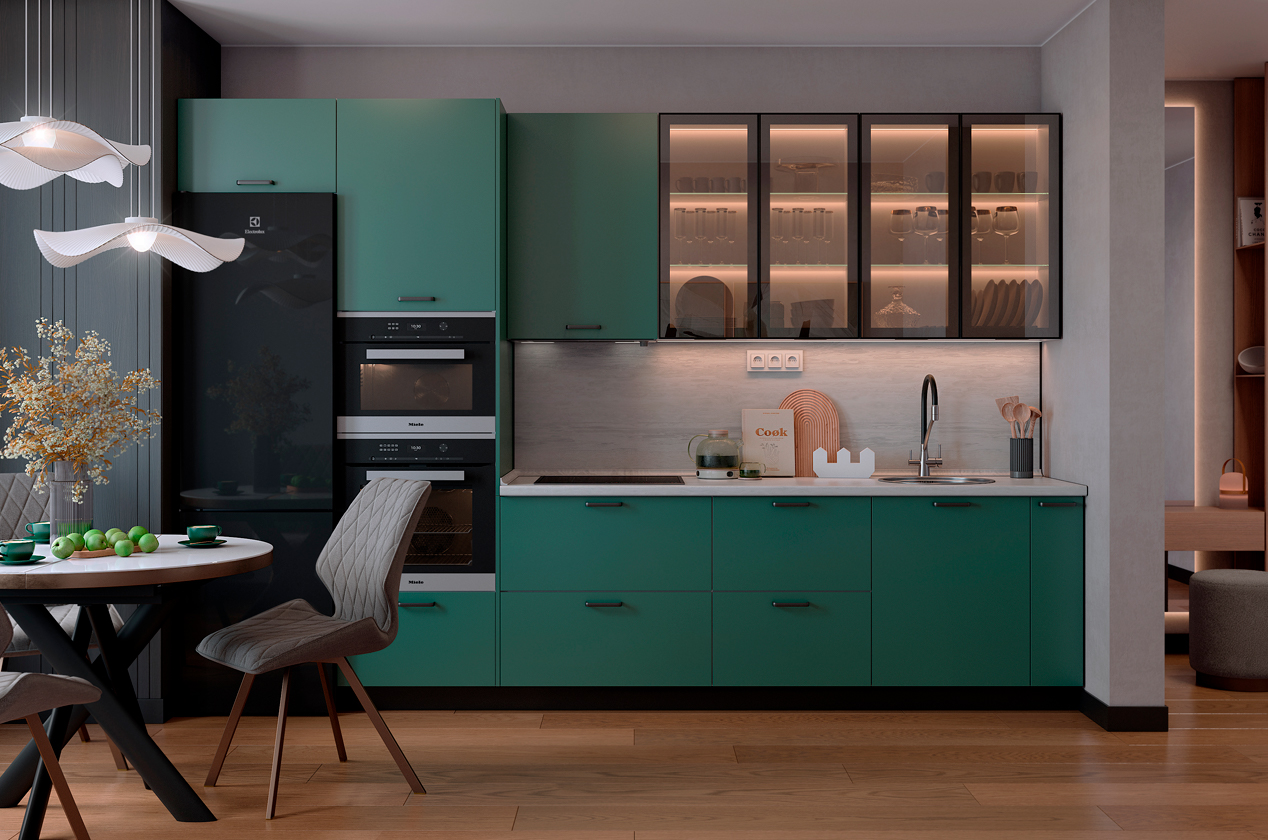 Кухонный гарнитур 6 (ширина 342х60х214,1 см) (белый/грин/черный муар/зеркальная бронза)