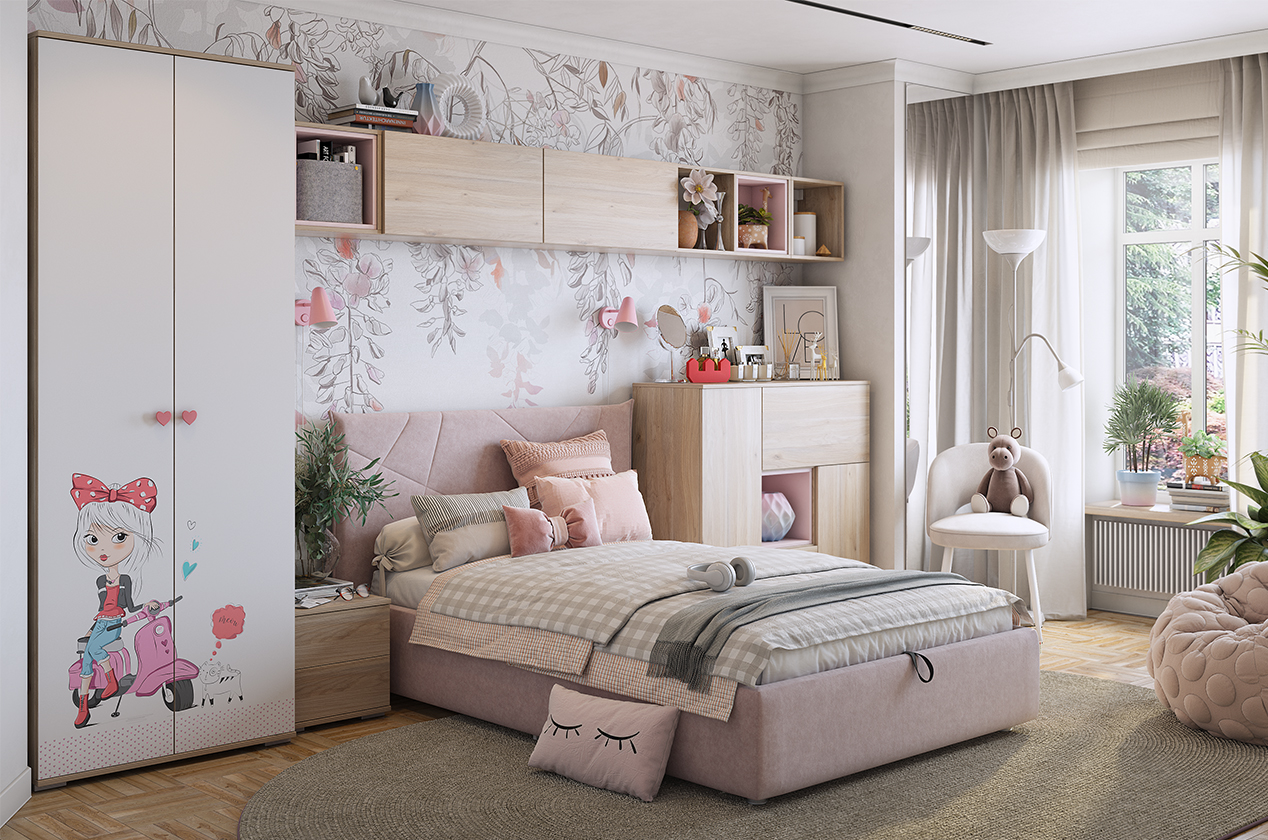 Комплект детской мебели Алина К2 (3740х2140х2100) (дуб мария/белый/нежно-розовый (велюр))