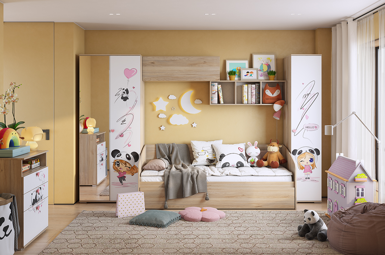 Комплект детской мебели Панда К3 (4130х1035х2100) (дуб мария/белый/нежно-розовый (велюр))