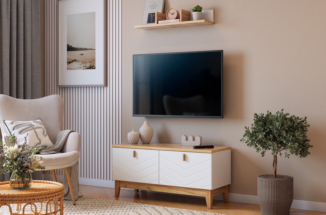 Гостиная "Хюгге К1" (1100х420х1460 мм) (белое дерево/дуб крафт золотой/белый матовый)