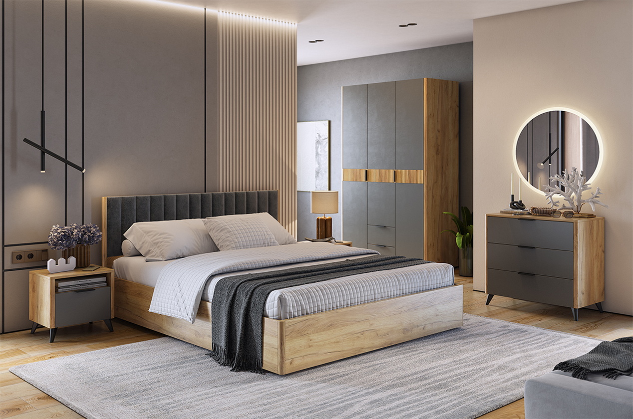 Спальный гарнитур Адам К4 (дуб крафт золотой/графит/грей алькантара (велюр))