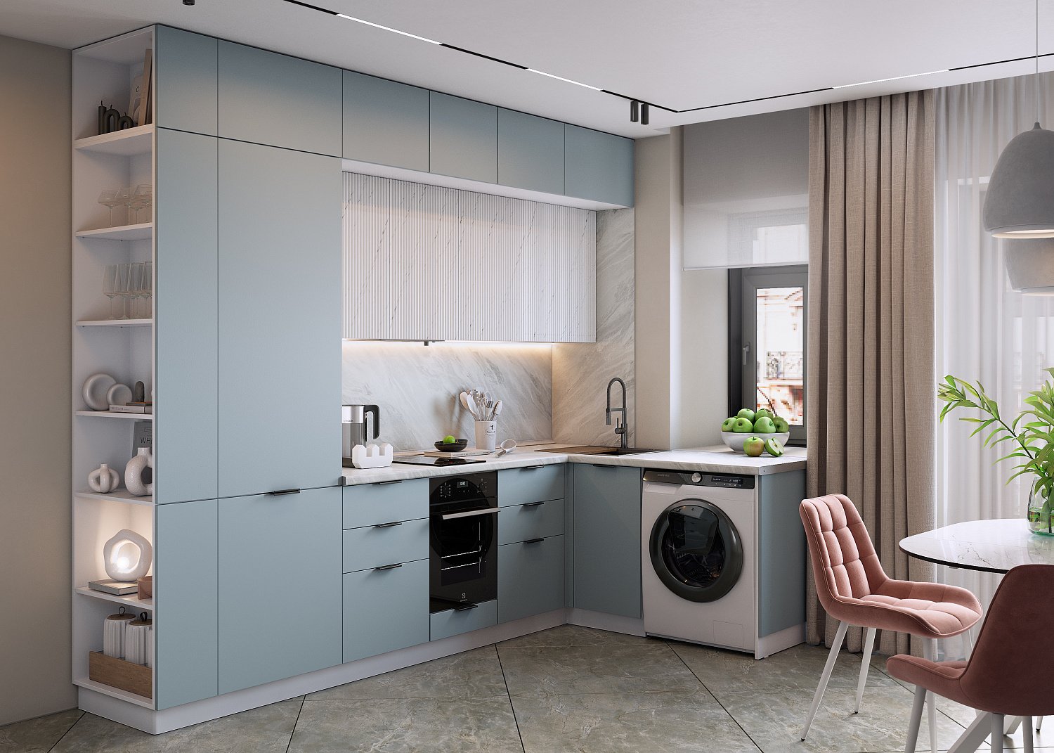 Кухонный гарнитур 2 (ширина 290х169х250,1 см) (белый/сизый/мрамор пилатус матовый)