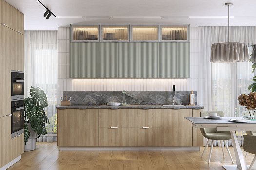 Кухонный гарнитур 13 (ширина 284х60х252,8 см) (белый/шалфей/кешью матовый/белый муар/бесцветное мору)