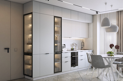 Кухонный гарнитур 9 (ширина 322х60х250,1 см) (белый/лайт грей софттач/милк матовый/черный муар)