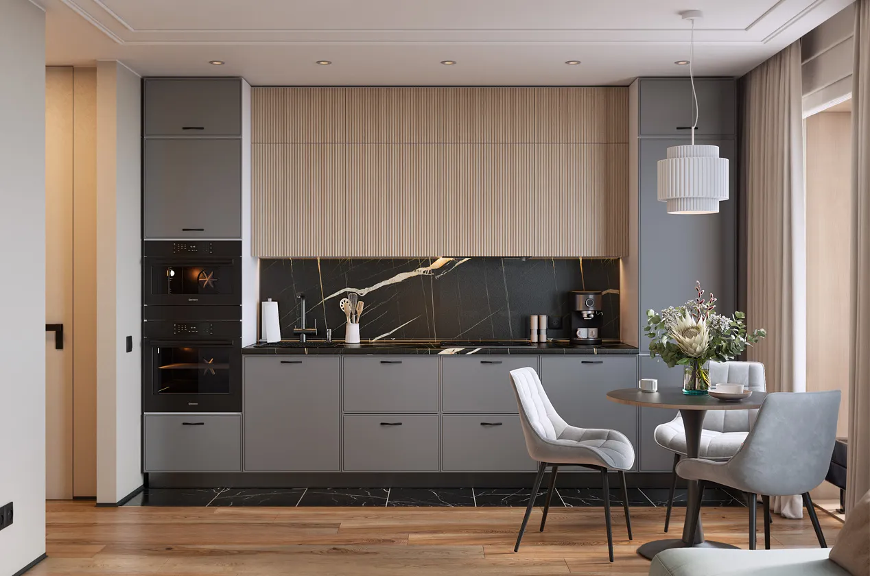 Кухонный гарнитур 1 (ширина 360 см) (белый/кешью матовый/графит матовый)