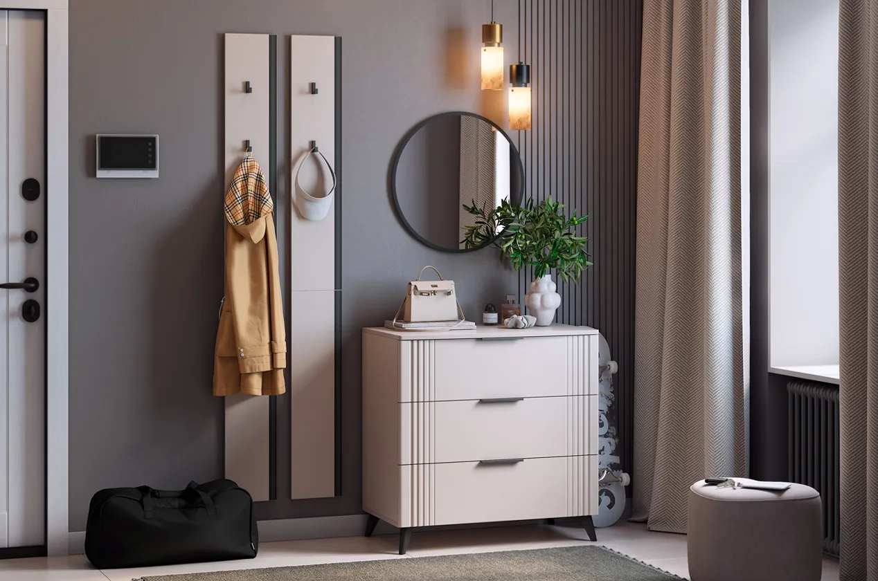 Прихожая "Мебельсон К22" (1350х428х1750) (кашемир/фрапучино матовый/черный)