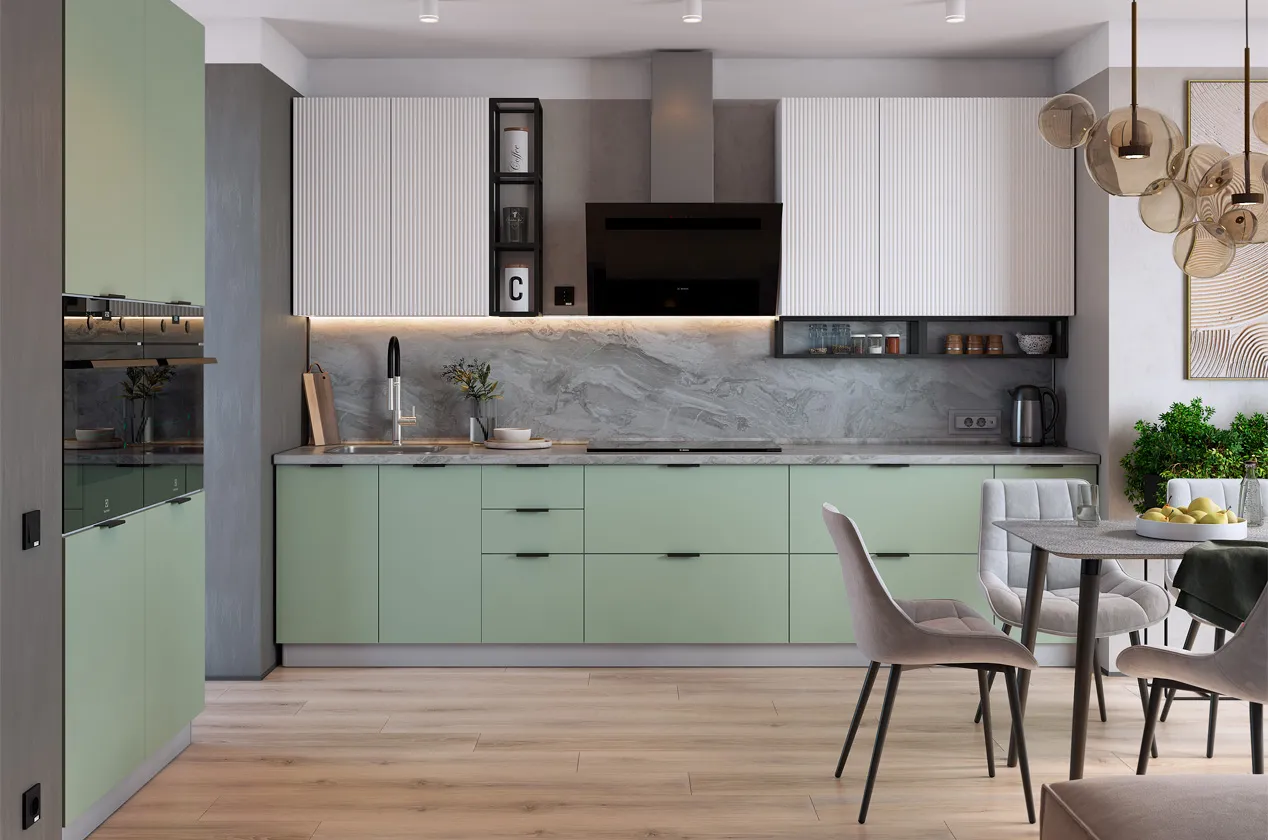 Кухонный гарнитур 10 (ширина 380х180х232,1 см) (белый/полынь софттач/милк матовый/черный муар)