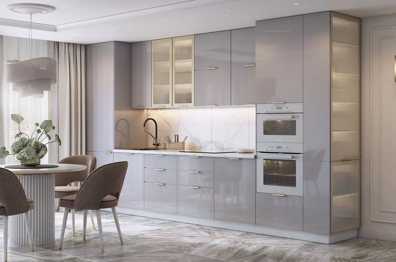 Кухонный гарнитур 14 (ширина 391х60х232,1 см) (белый/дымчатый глянец/золото матовое/бесцветное мору)