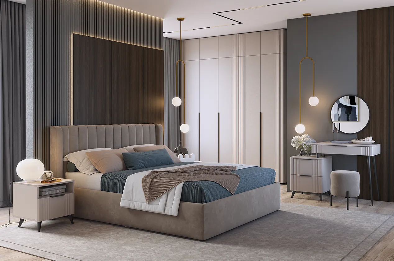 Спальный гарнитур "Катрин К1" (кашемир/фрапучино матовый/капучино (велюр)/черный)